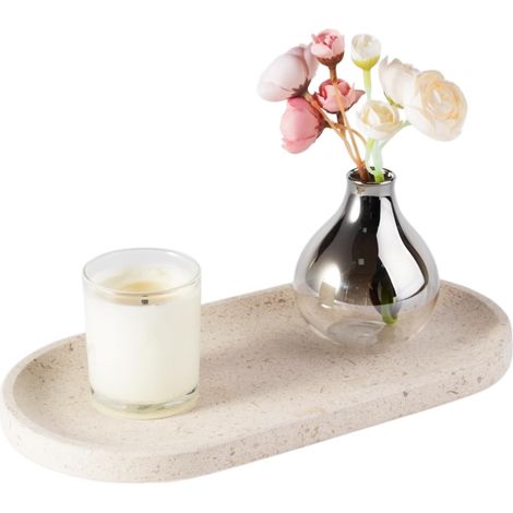 1 Plateau Marbre Naturel Beige-Jaune, Surface Résistante Humidité, Rangement Parfums Bijoux, Décoration Salle Bain