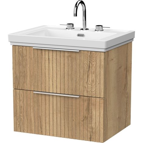 Callingwood Contemporary Wall Hung 2 Drawer Vanity Unit with Traditional 3 Tap Hole Fireclay Basin , 600mm, Autumn Oak