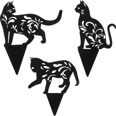Lot de 3 statues de chat noires à planter dans le jardin. Statues décoratives en acrylique pour l'extérieur, idéales pour la décoration de votre cour, jardin et pelouse. (1/5)