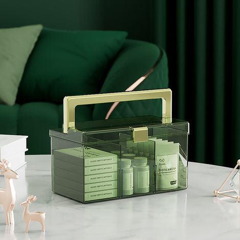 Petite boîte de rangement médicaments transparente, compartiments amovibles, conteneurs avec poignée, vert foncé, pour maison et voyage. (1/5)