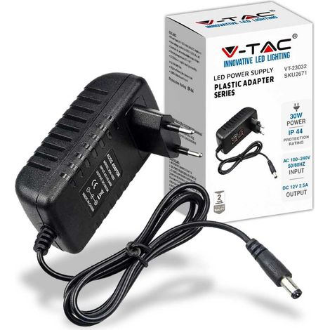 V-TAC VT-23032 Alimentatore switching stabilizzato 30W 12V 2.5A jack 2.1mm Plug&play in plastica - SKU 2671