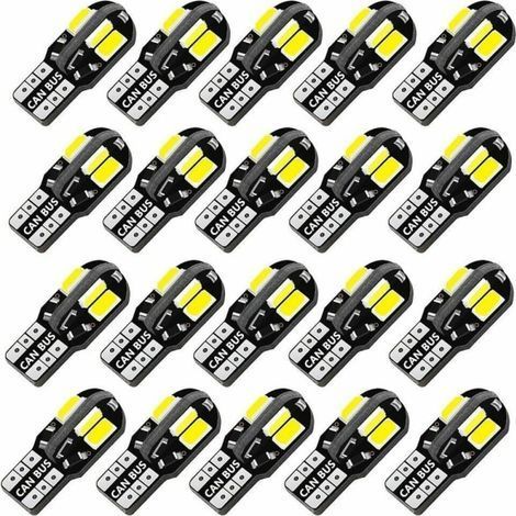Lot de 20 ampoules LED W5W T10 Canbus 5730 8SMD 12V 6000K 194 168 LED pour éclairage intérieur de voiture (plafonnier, liseuse, feu de position, clignotants). (1/5)