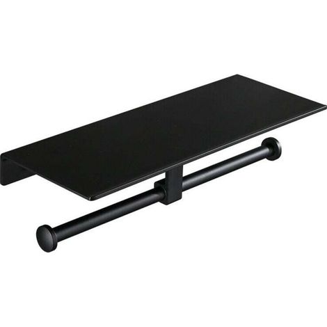 Porte Rouleau de Papier Toilette Hygiénique Sans Perage avec Etagère de Téléphone Portable Support Mural Double pour Salle de Bains (Noir) (1/4)