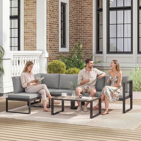 5-Personen-Eck-Gartenlounge-Set mit 2 Sofas, Sessel ohne Armlehnen und Couchtisch, Dunkelgrau
