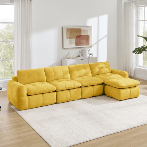 Canapé d'angle convertible 4 places, tissu velours matelassé à losanges, garniture chenille moelleuse, sièges spacieux, module réorganisable, livré assemblé avec pouf jaune, parfait pour séjour et stu (1/5)