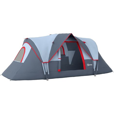 Tente de camping 6 places imperméable anti-UV, mâts en fibre de verre, dimensions 4,55 x 2,2 x 1,8 m, grise