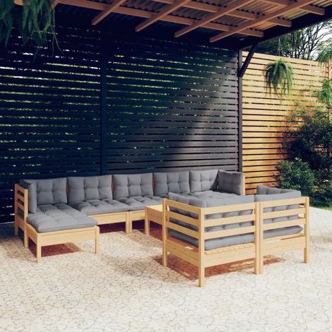 10 pcs Salon de jardin avec coussins Salon d'extérieur Ensemble Meuble de Jardin Mobilier d'Extérieur gris bois de pin solide XFNRX510767 (1/5)