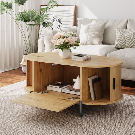 Mesa de centro ovalada efecto madera natural, puertas de ratán correderas, almacenaje y patas de metal negro (1/5)