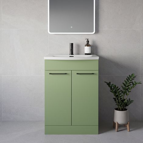 Napoli 390 Olive Green 600mm 2 Door Vanity Unit with Arc Basin - 600mm - Matt Black 160mm Handle