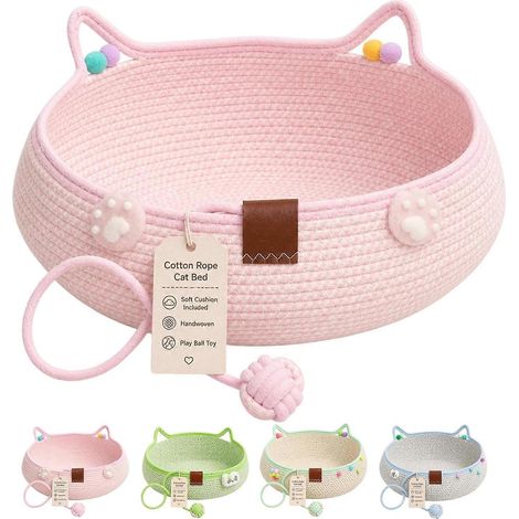 Panier pour chat grand format rose en corde de coton tressée à la main avec coussin balle suspendue et oreilles de chat respirant (1/5)
