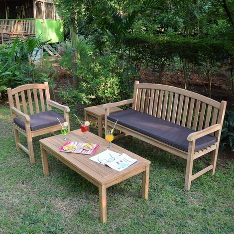 Teck'Attitude – Salon de jardin en teck massif – 4/5 places – Banc Cambridge, fauteuil Brighton, table basse rectangulaire – Résistant aux intempéries (1/5)