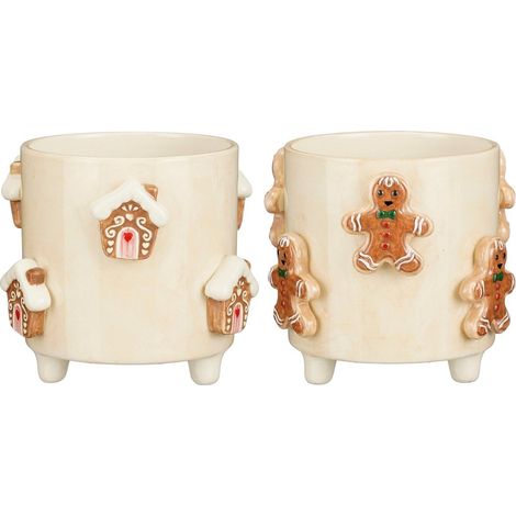 Cache-pot de Noël en Dolomite Blanc Cassé Motif Pain d'Épices Ø 17 x 15 cm - Modèle Aléatoire - PANGIVO (1/5)