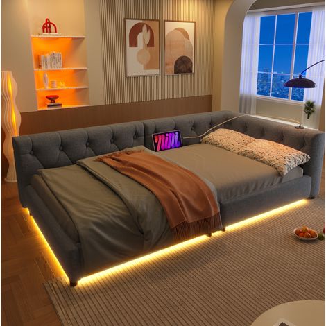 Lit de repos en lin gris 90x200 cm avec sommier à lattes, ports USB/Type-C et éclairage LED (1/5)