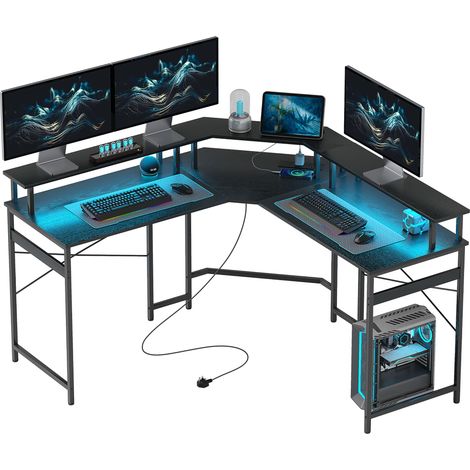HOMCOM L Shaped Desk Corner Computer Desk with Monitor Stand, Black (1/5)