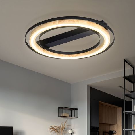 Plafonnier bambou plafonnier LED dimmable plafonnier salon, variateur 3 niveaux aspect bois, métal noir naturel, 1x LED 21W 3000Lm 3000K, DxH 56x6cm (1/5)