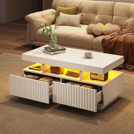 Table basse rectangulaire LED avec 2 tiroirs, design à rayures, style moderne, table salon/chambre, 100×50×45 cm, blanc (1/5)