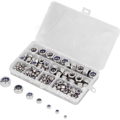 Écrous autobloquants nylon inox M3 M4 M5 M6 M8 M10 M12, lot de 215 pièces, assortiment hexagonal avec insert nylon, visserie résistante. (1/5)