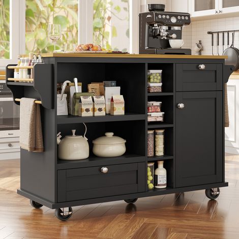 Carrito de cocina sobre ruedas 129x46x96 cm con cajones, puertas, en MDF, negro y madera clara (1/5)