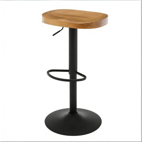Tabouret de bar rotatif en bois massif et métal, hauteur réglable 60-81 cm, couleur bois naturel (1/5)