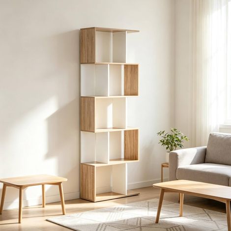 Bibliothèque étagère S avec 5 niveaux, 60 x 24 x 184,5 cm, en panneau de particules blanc et bois clair, rangement polyvalent pour livres ou séparation de pièce – CHICFURN (1/5)