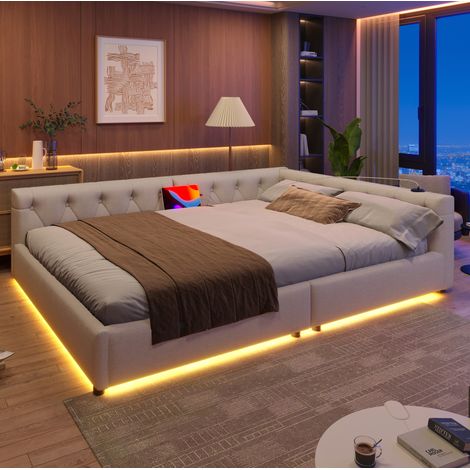 Sofá cama de lino beige 140x200 cm con somier de láminas, LED RGB y puertos USB + Type-C (1/5)