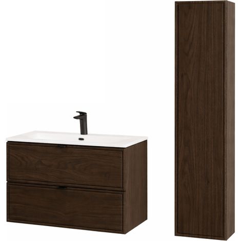 Ensemble Meuble Vasque 80 cm + Vasque + Colonne - L 80 x P 46 x 51,5 cm - Caldera Foncé - Livraison gratuite
