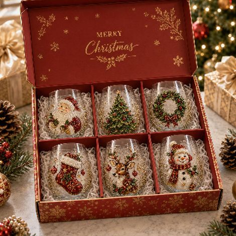 Irovami Collection de Noël avec anneaux bleus faits main, verres à cocktail 3D en relief, coffret cadeau