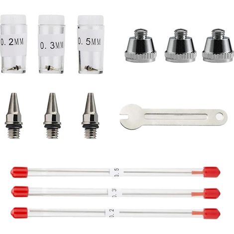 Kit Pièces Aérographe - 9 Accessoires Métal - Buses 0,2 0,3 0,5mm - Pour AB130 Et Modèles Standards (1/5)