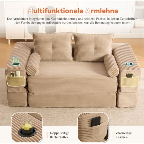 Canapé-lit pliant 2 places, mousse haute densité et ressorts, stable et confortable. Avec poches, porte-gobelets, coussin mémoire + 2 coussins décoratifs. Sous vide, montage rapide, idéal salon et app (1/5)