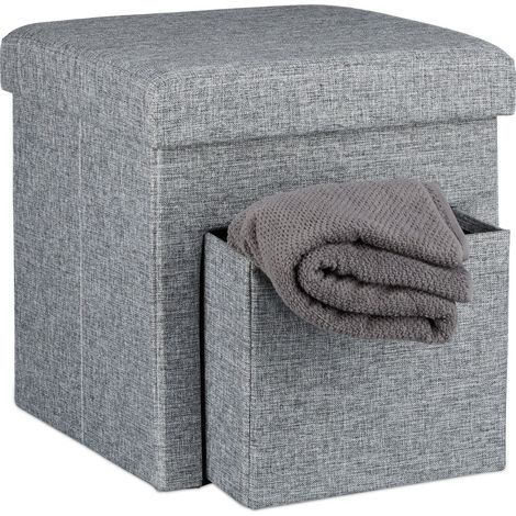 Relaxdays Faltbarer Sitzhocker, Leinen, Aufbewahrungs-Fach, abnehmbarer Deckel, Sitzwürfel, HBT 38 x 38 x 38 cm, grau