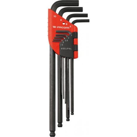 Facom – Jeu de clés Allen en L 9 pièces – Tête sphérique – Bras extra longs – Acier au silicium – Dimensions 1.5 à 10mm