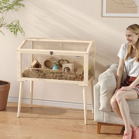 Cage hamster habitats pour rongeur bois FSC toit ouvrable 7 plateformes 2 balançoires 110x52x101cm effet bois naturel