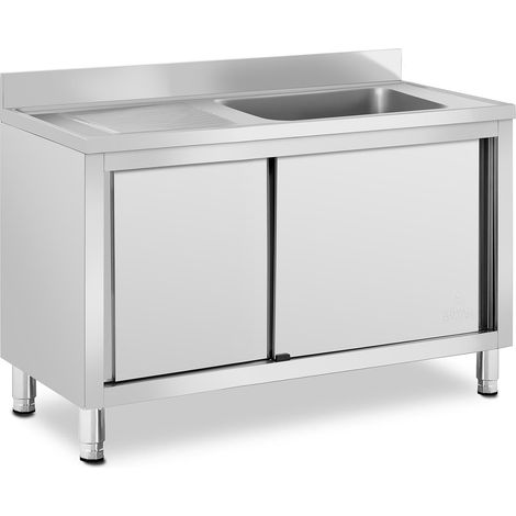 Plonge en inox professionnelle sur meuble bas armoire placard avec évier acier inoxydable (1 bac : 500 x 400 x 260 mm, hauteur du dosseret : 100 mm, pieds réglables) (1/5)