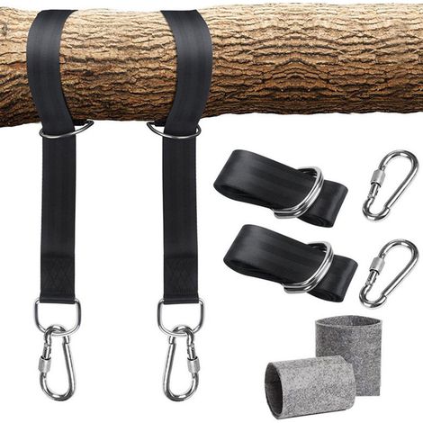 Kit de suspension pour hamac avec 2 mousquetons et anneaux en D ultra-résistants, supporte jusqu'à 550 kg, sac de rangement et protection pour arbre inclus. (1/5)