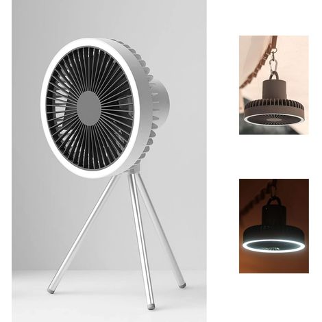 JSSEVN - Ventilador de tienda de campaña con trípode, ventilador de escritorio con luz, 18 x 18 cm, 560 g, 10.000 mAh, 27 h de autonomía (blanco) (1/5)
