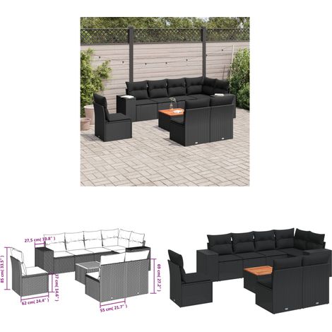 Salon de jardin 9 pcs avec coussins noir résine tressée - Ensemble Salon De Jardin - Meuble De Jardin - Salon Extérieur - Résine Tressée - Rotin Synthétique - Home & Living (1/3)
