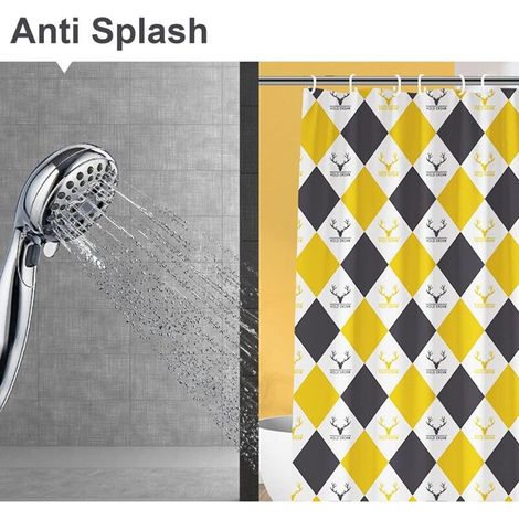 Shower Curtain 180 x 180 cm Anti-Mold Bathroom Curtains Polyester Fabric with 12 Hooks Machine Washable Yellow Pattern