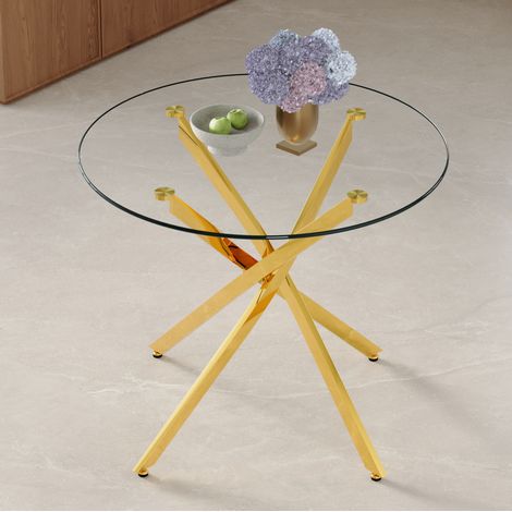 Mesa de comedor redonda 88x88x75 cm dorado y transparente de vidrio templado y metal para 2-4 personas (1/5)