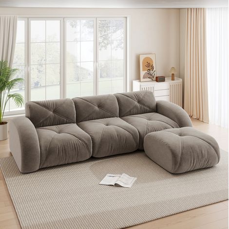 Divano angolare modulare in ciniglia tortora con pouf, 281 x 171 x 76 cm, REDOM (1/5)