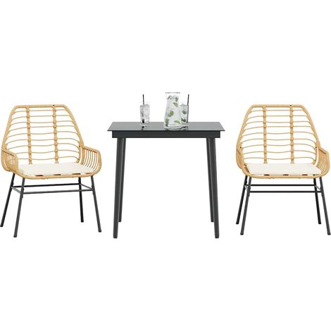 3-tlg. Garten-Essgruppe mit Kissen Braun Poly Rattan Glas