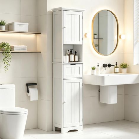 Colonne de salle de bain 40x30x170 cm MDF blanc avec LED, gain de place pour petit espace – MEUBLIV (1/5)