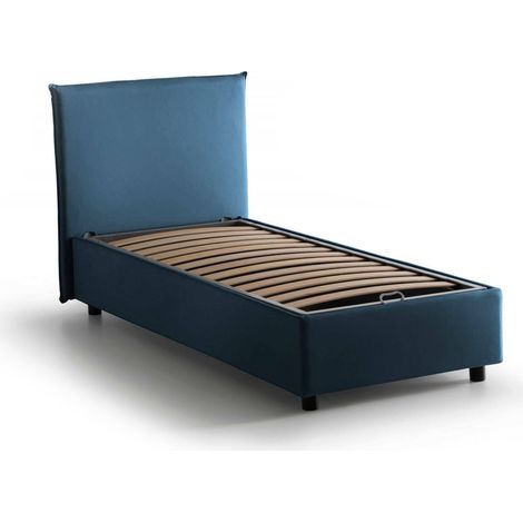 Talamo Italia - Letto singolo Alder, Letto contenitore con rivestimento in tessuto, 100% Made in Italy, Apertura frontale, adatto per materasso Cm 90x200, Blu