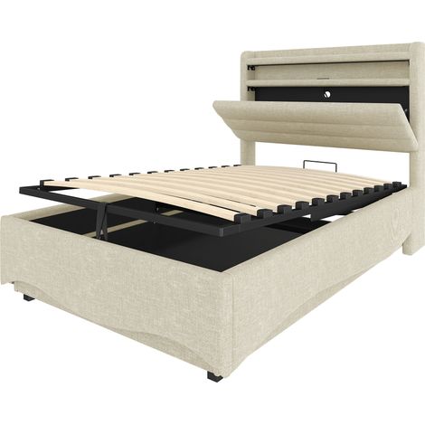 Letto imbottito 90 x 200 cm con LED, contenitore idraulico, USB-C e USB, beige, HOMVRA (1/5)