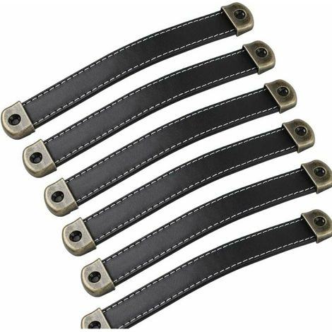 Ensemble de 6 poignées en cuir style vintage pour meubles – Poignées de placard, poignées en cuir noir pour meubles de cuisine. Entraxe : 160 mm. Ent (1/5)