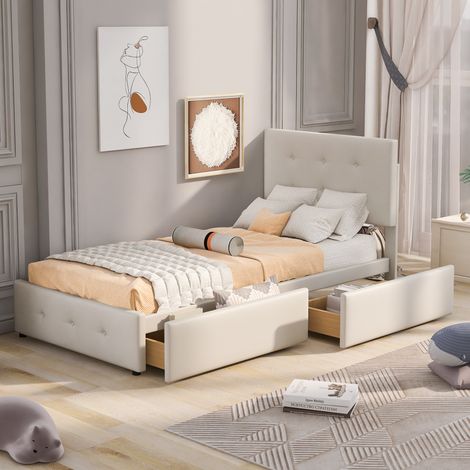 Cama tapizada de 90 x 200 cm, con somier de láminas, cabecero y dos cajones, tejido de terciopelo suave al tacto, cama individual plana beige, cama infantil, cama juvenil, cama de invitados (sin colch