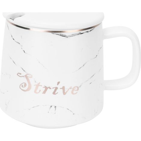 Mug en marbre, tasse à eau minimaliste pour couple au bureau, mug en céramique créatif et personnalisé pour le petit-déjeuner, blanc avec couvercle et cuillère. (1/5)