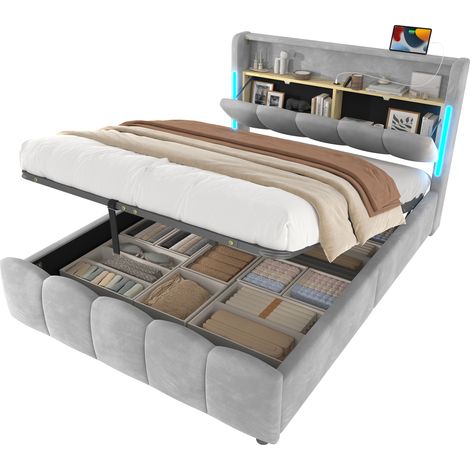 Letto imbottito 140x200 cm in velluto grigio con testiera contenitore, illuminazione LED, prese USB e Type-C, struttura salvaspazio – CHICFURN (1/5)
