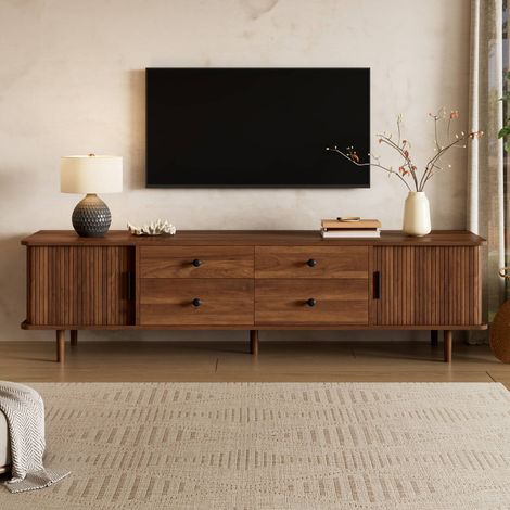 Meuble TV 165 cm, banc TV avec 4 tiroirs et 2 portes coulissantes, angles arrondis, en MDF, pour salon, marron (1/5)