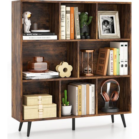 COSTWAY 8-Cube Bookcase Mid Century Modern Storage Organizer-Brown (1/5)