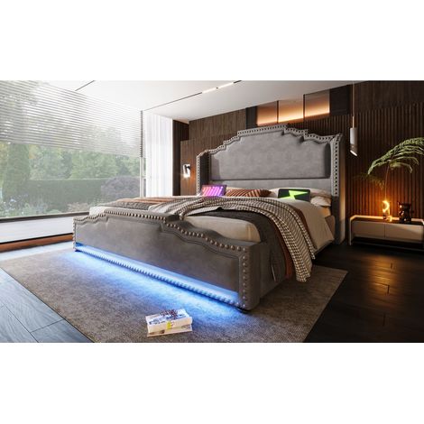 Lit coffre 140x200 cm avec 4 tiroirs, LED, port USB-c, rangement, velours gris, sommier inclus, sans matelas (1/5)